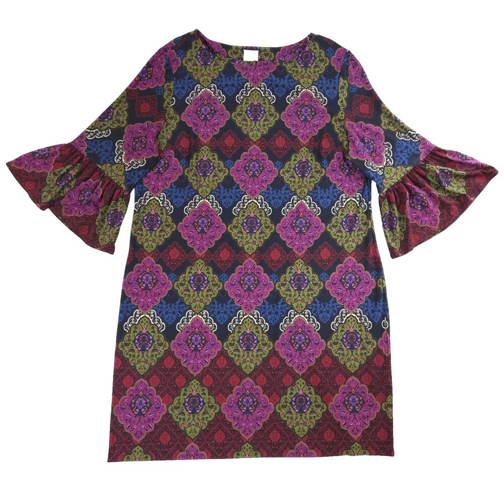 Chicos 3/4 Sleeve Floral Midi Dress 3 XL Flared Bell Jersey Stretch Boho Retro